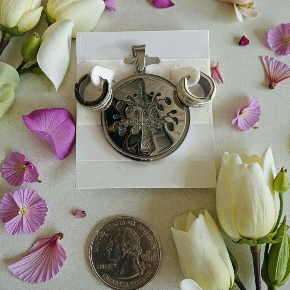 Tree of Life with frosted silver detail in charm and earrings, Stainless Steel